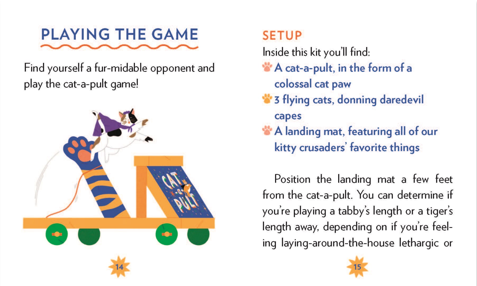 Instructional flyer for a cat-a-pult game with text and illustrations.