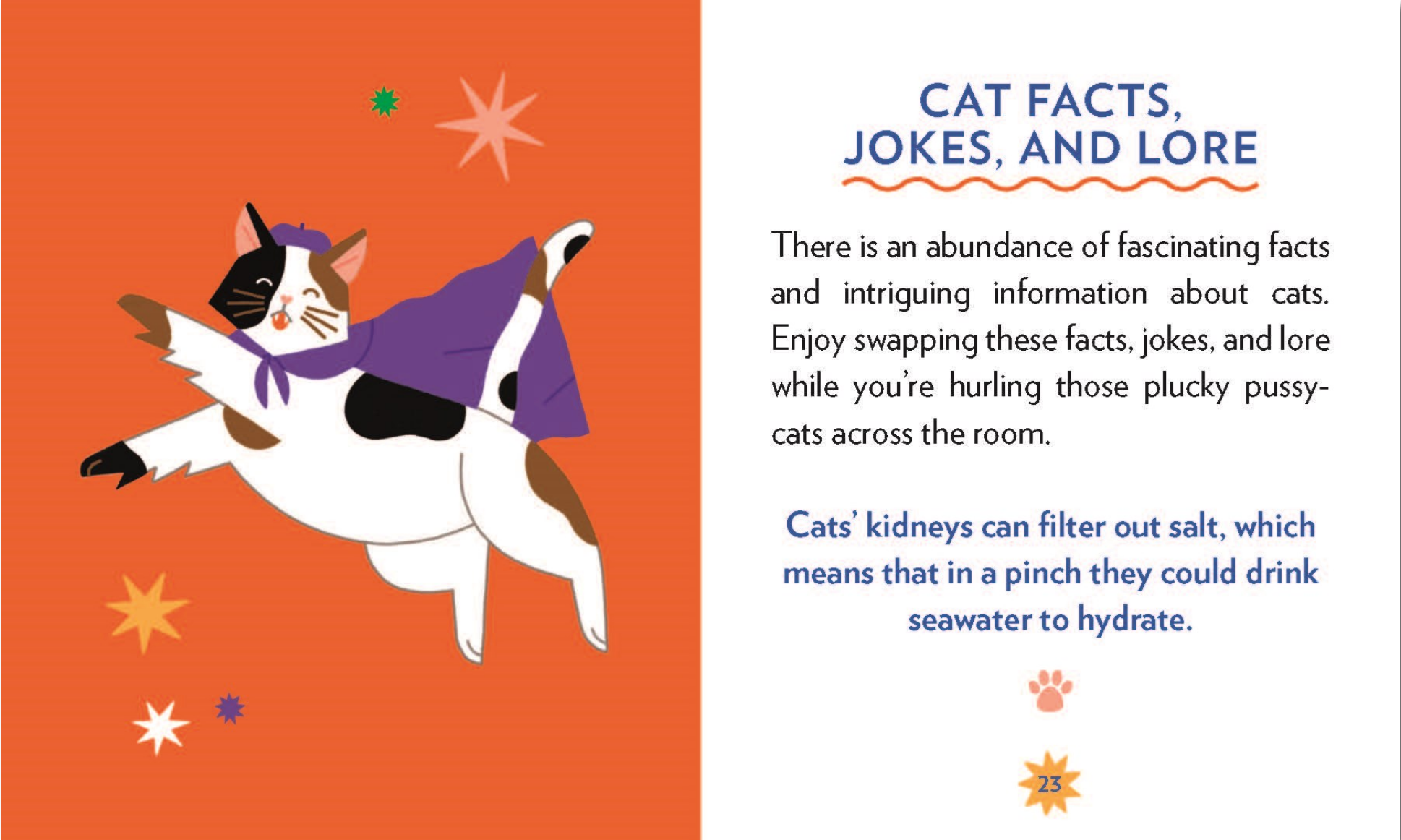 Book page with a cat illustration and text about cat facts, jokes, and lore on an orange background.