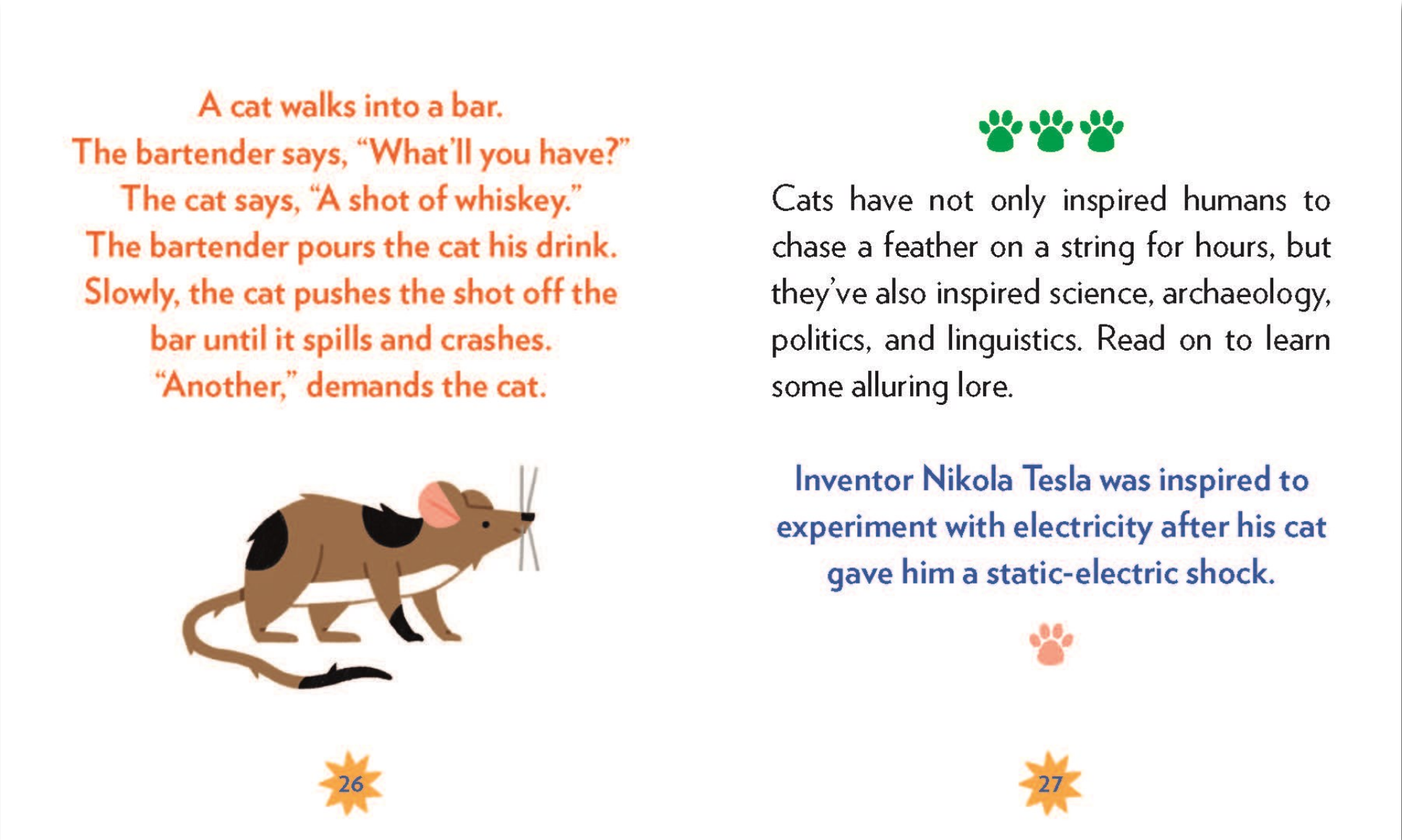 Comic strip with a cat at a bar and text about cats inspiring humans and science.