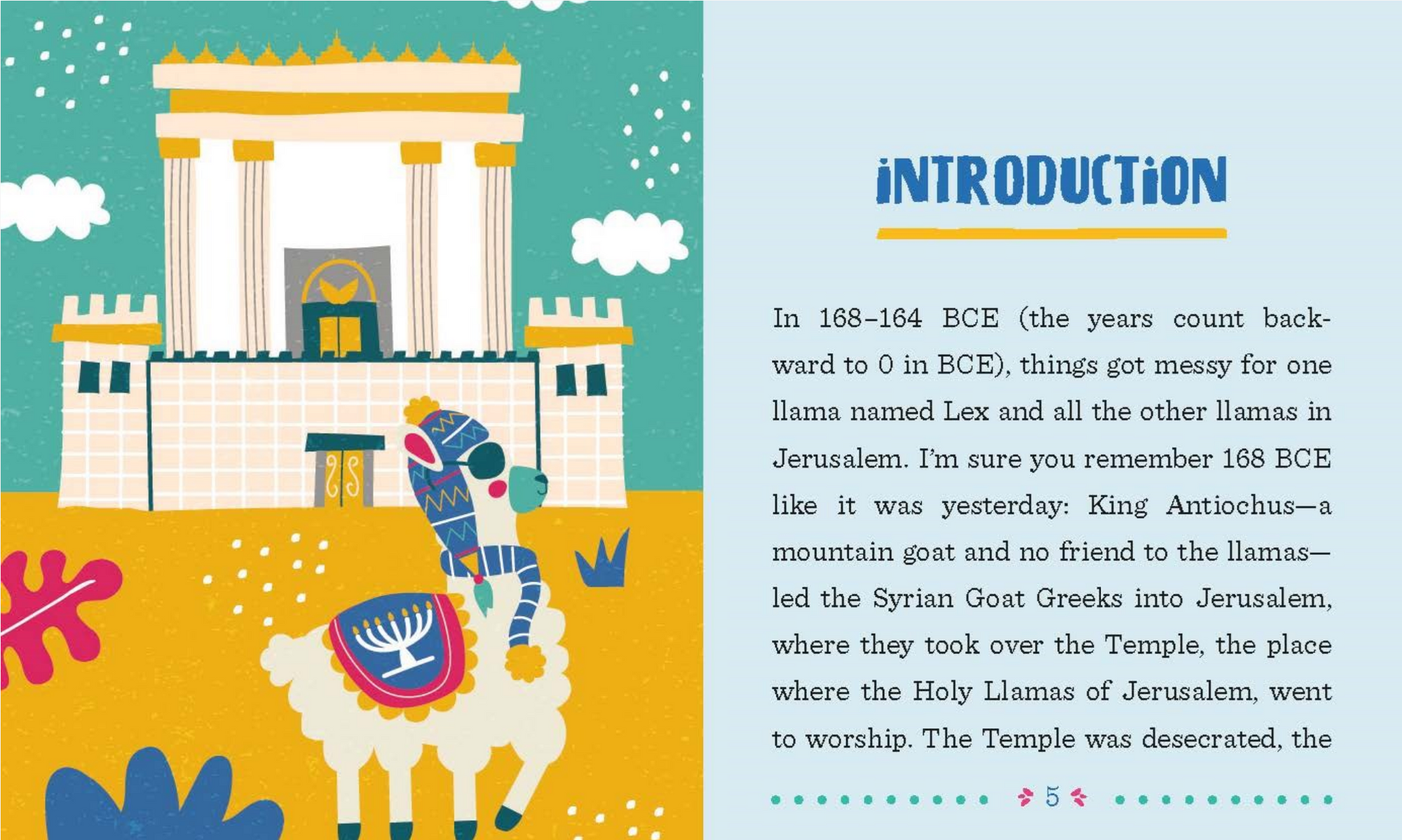 Illustration of a temple and llama with text about the Second Temple in Jerusalem.