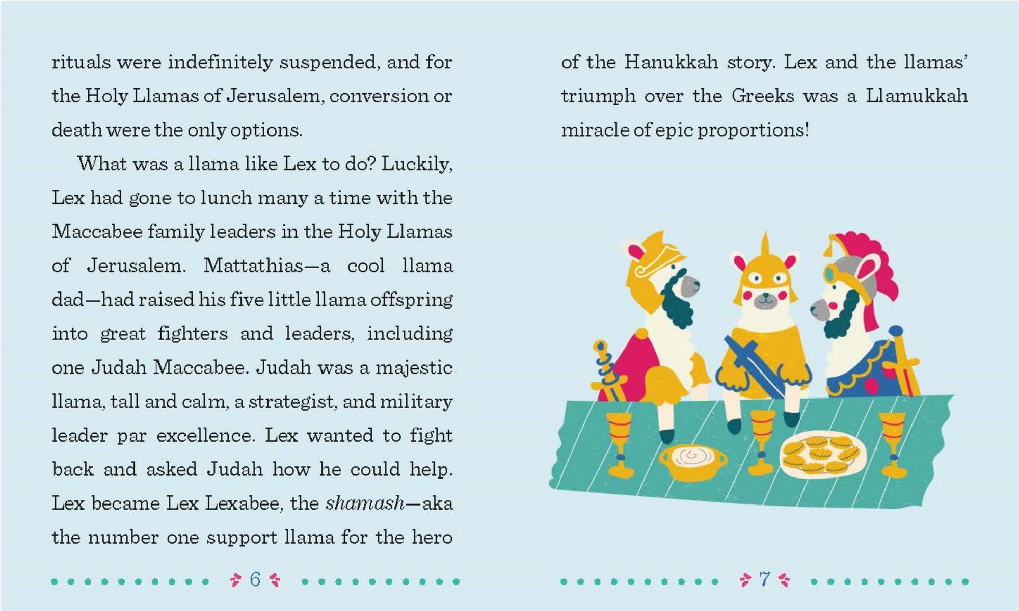 Illustrated book page with characters Lex, Matthew, and Judah from the Hanukkah story on a blue background.