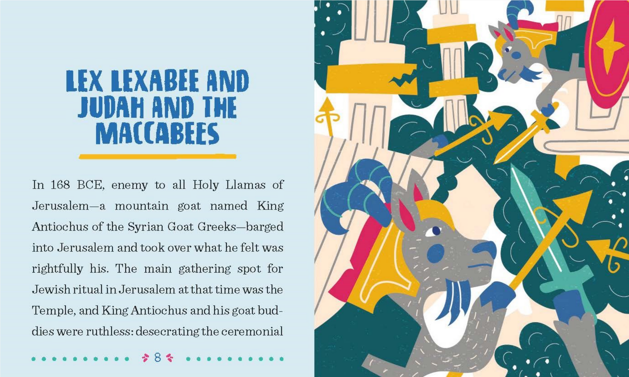 Illustrated book cover with text about Lex Lexabee and Judah and the Maccabees, featuring a dragon and temple.