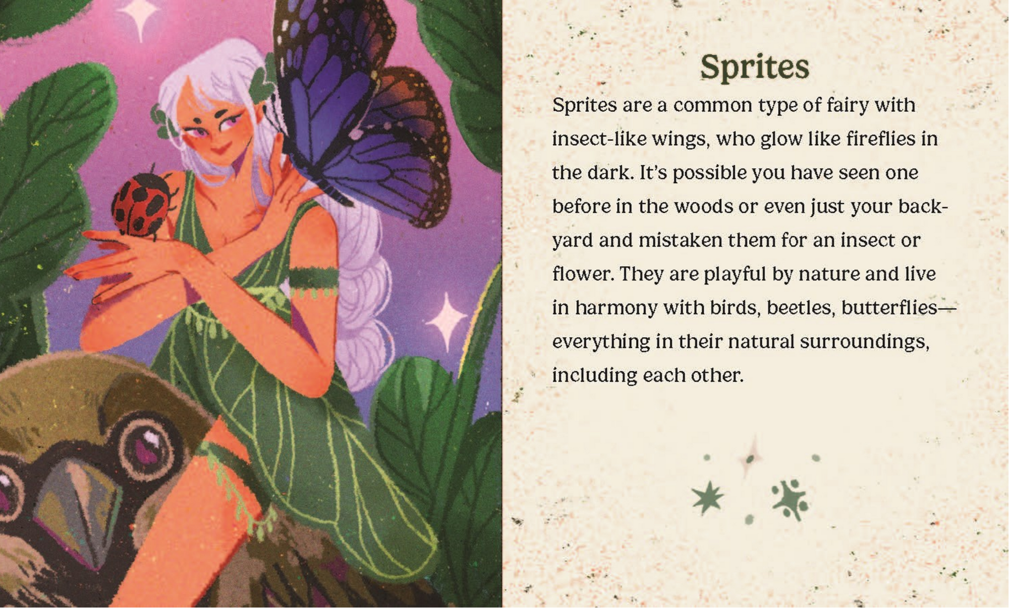 Illustration of a fairy with butterfly wings and text about sprites on a textured background.