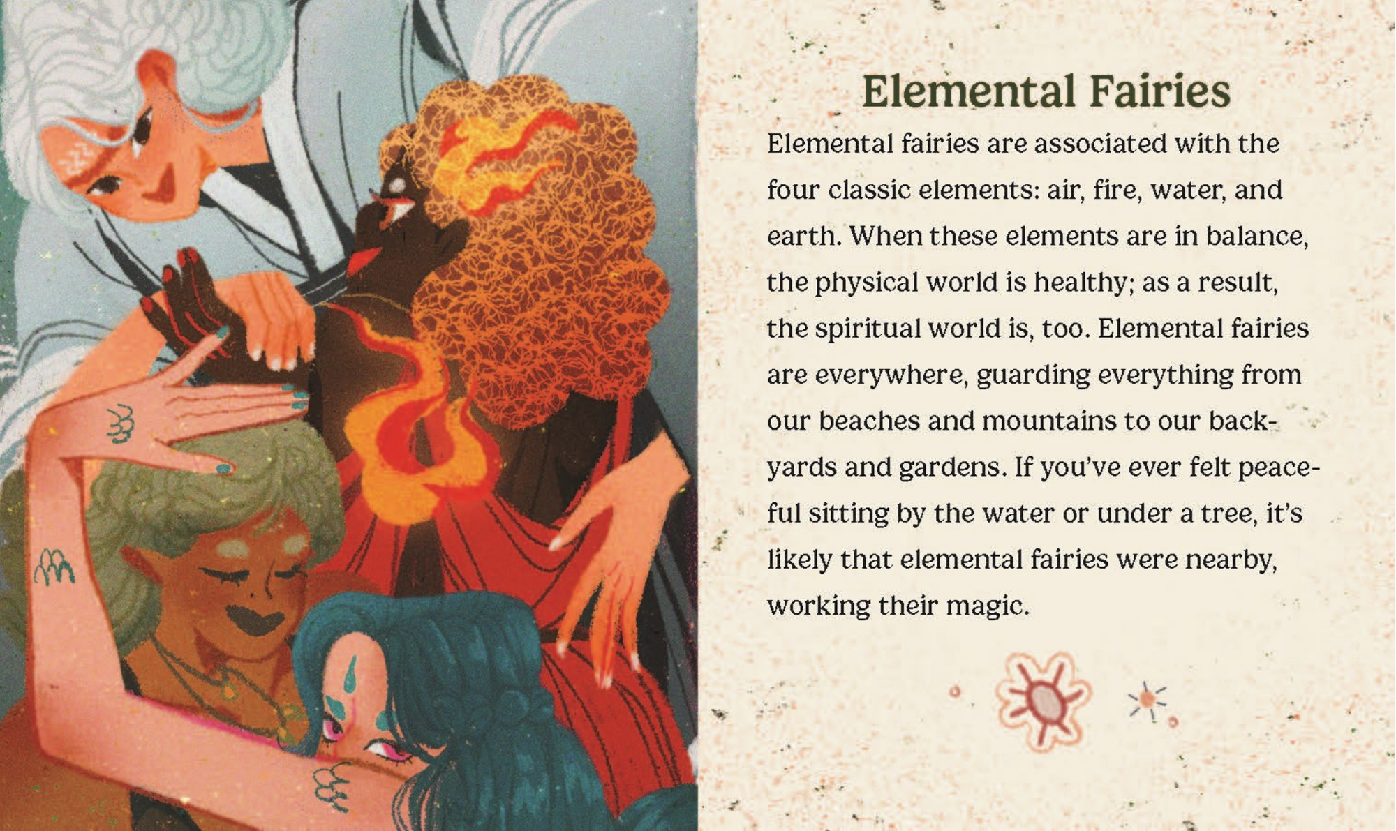 Illustration of elemental fairies associated with fire, air, water, and earth on a textured beige background.