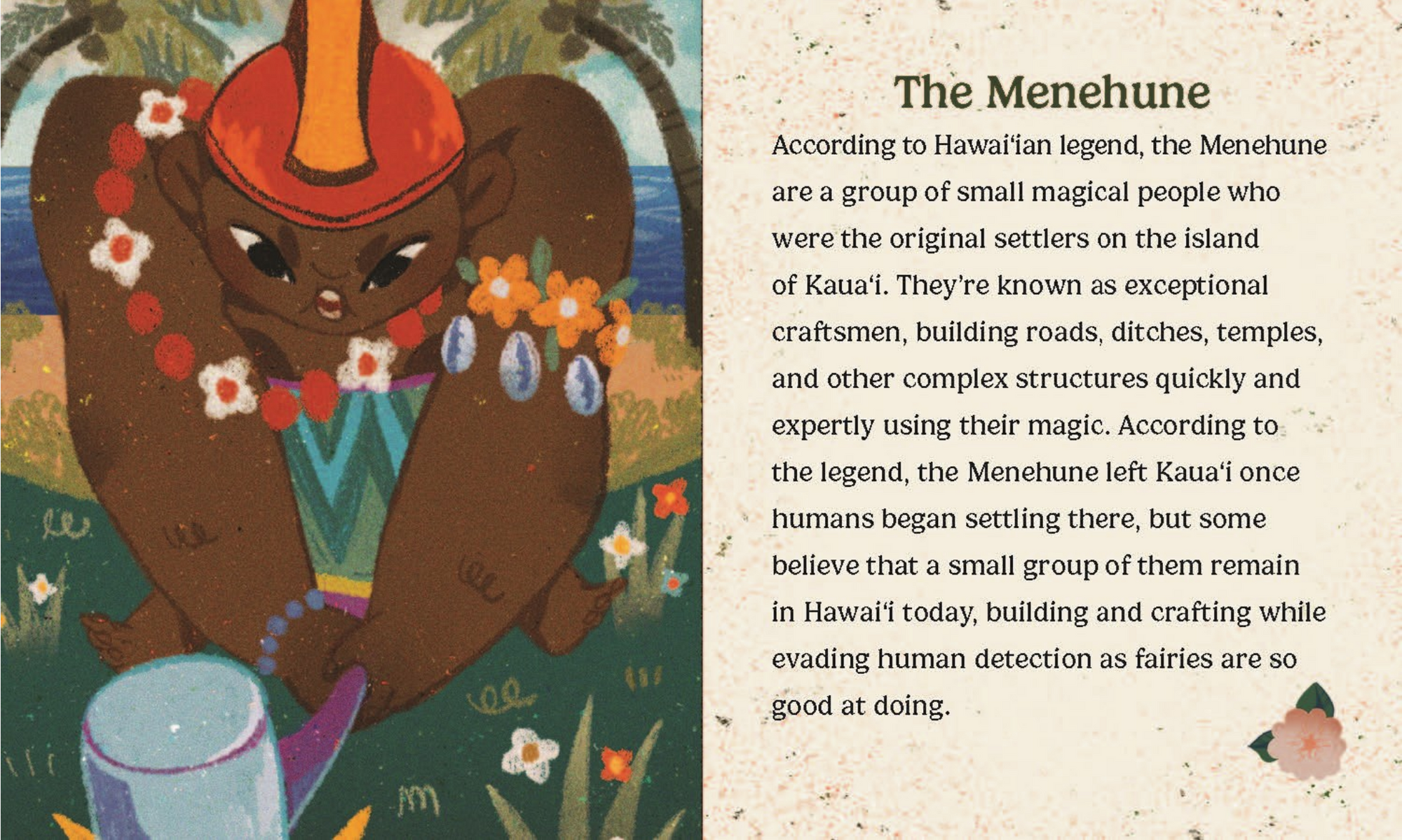 Illustration of a Menehune with text about Hawaiian legend on a textured background
