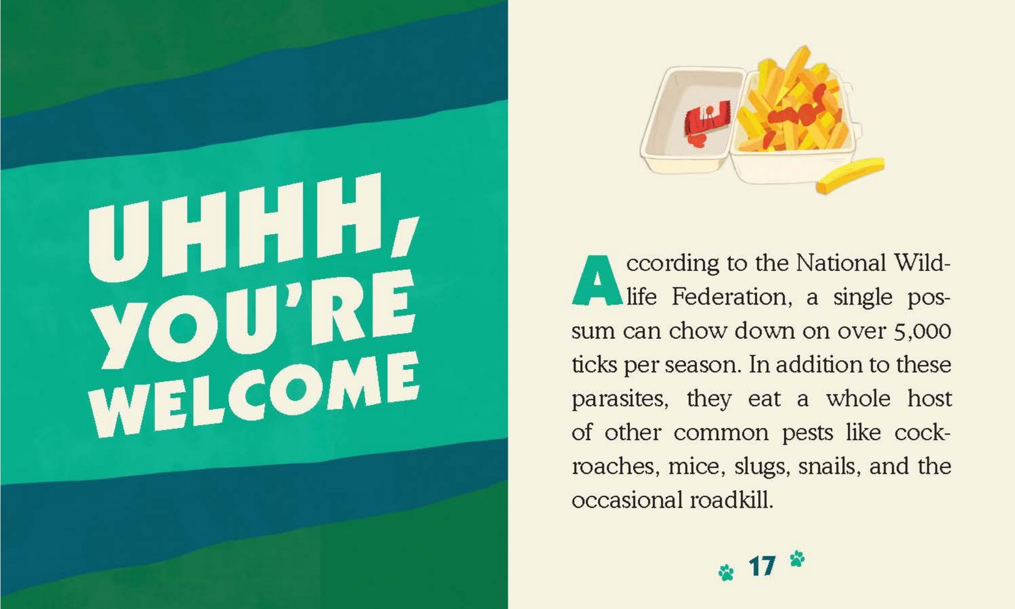 Book page with text and a graphic of french fries on a green and blue striped background.