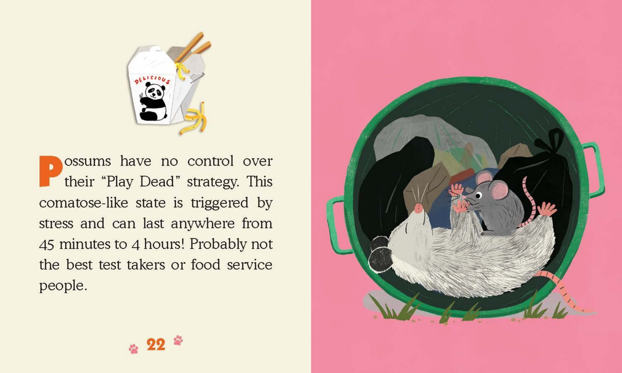 Illustration of a rat in a box with text about play dead strategy on a pink background