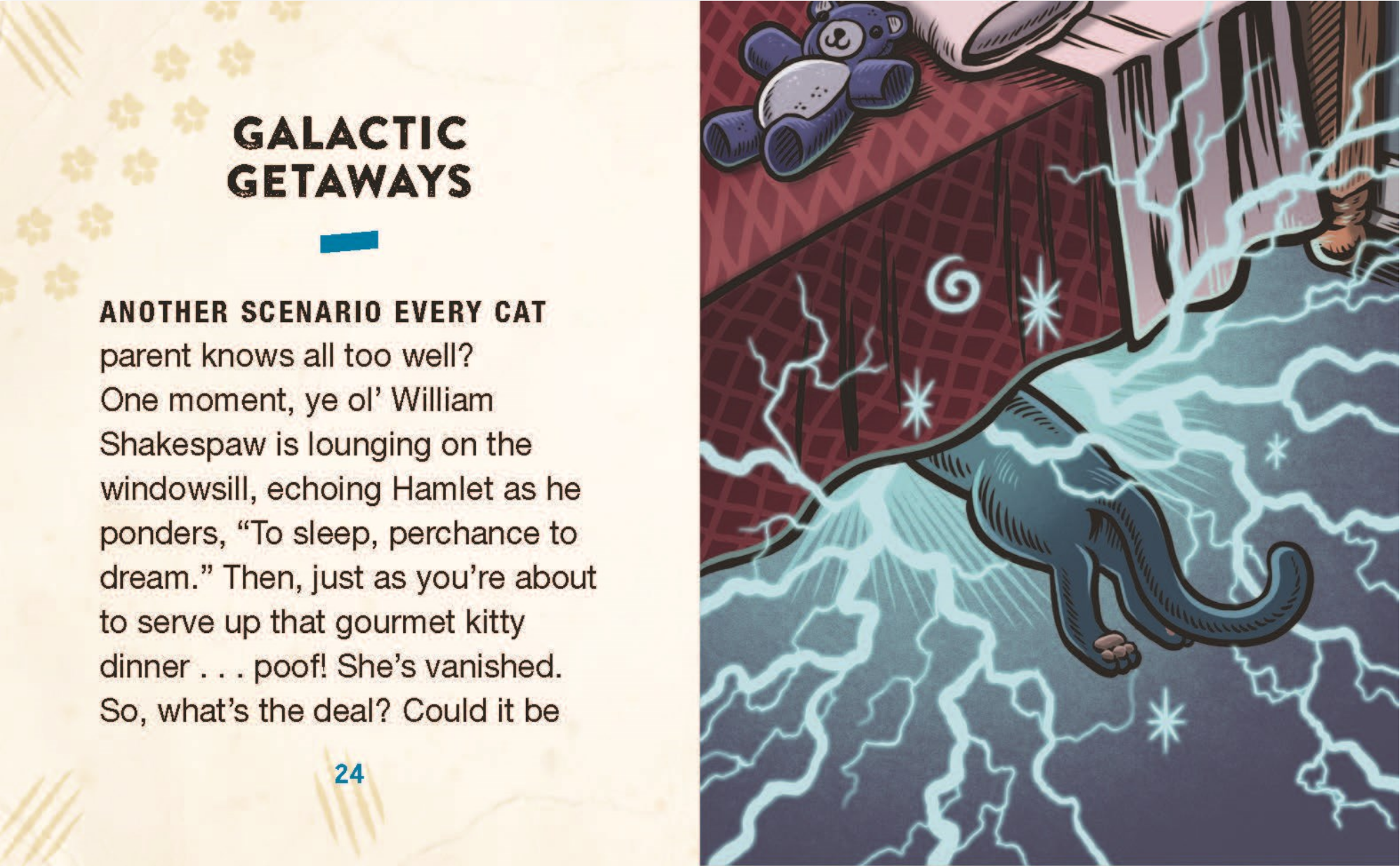 Comic strip with a cat on a window ledge and text about 'Galactic Getaways'.