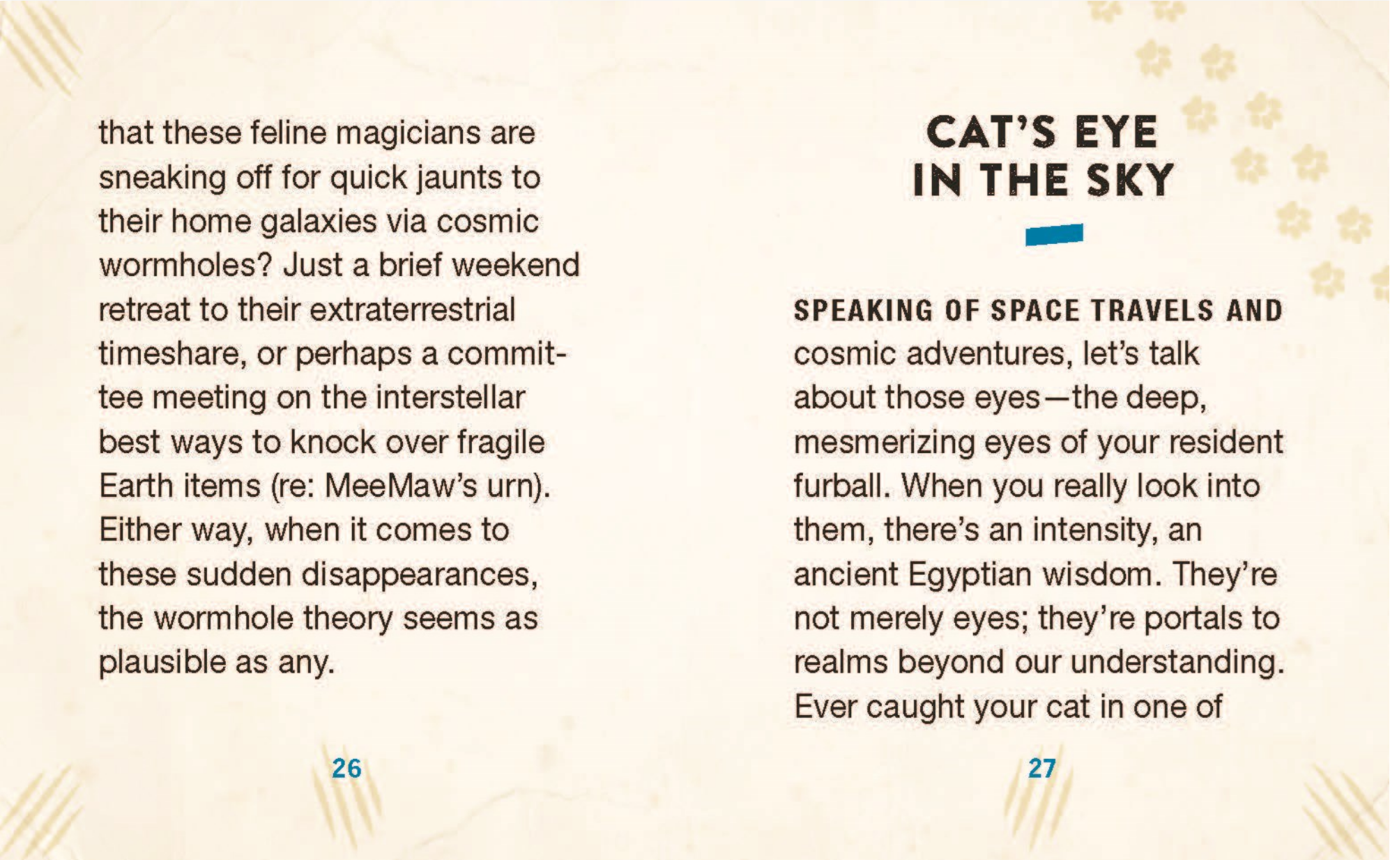 Two pages from a book or magazine with text about cats and space, featuring decorative elements.