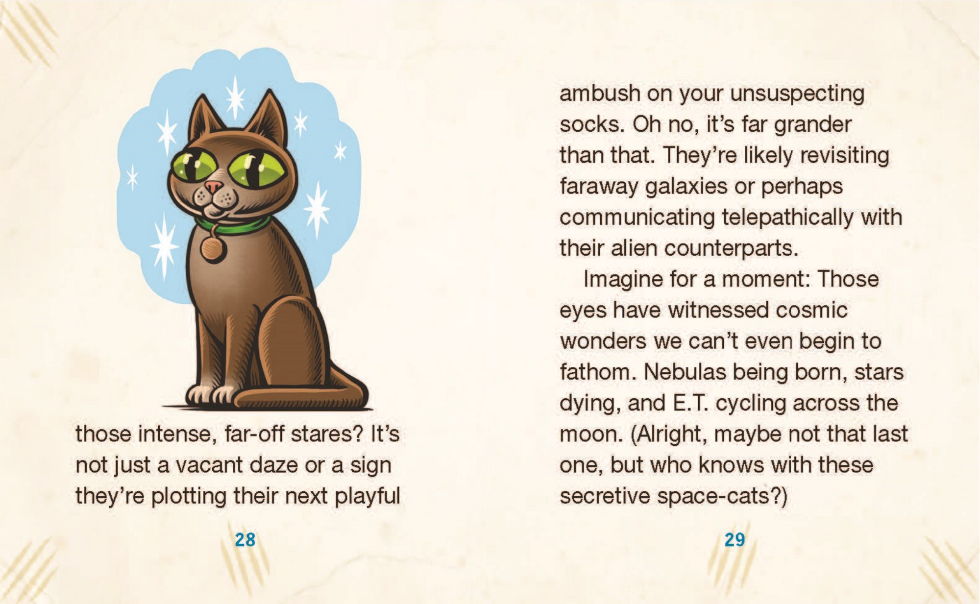 Illustration of a cat with green eyes and text on a beige background