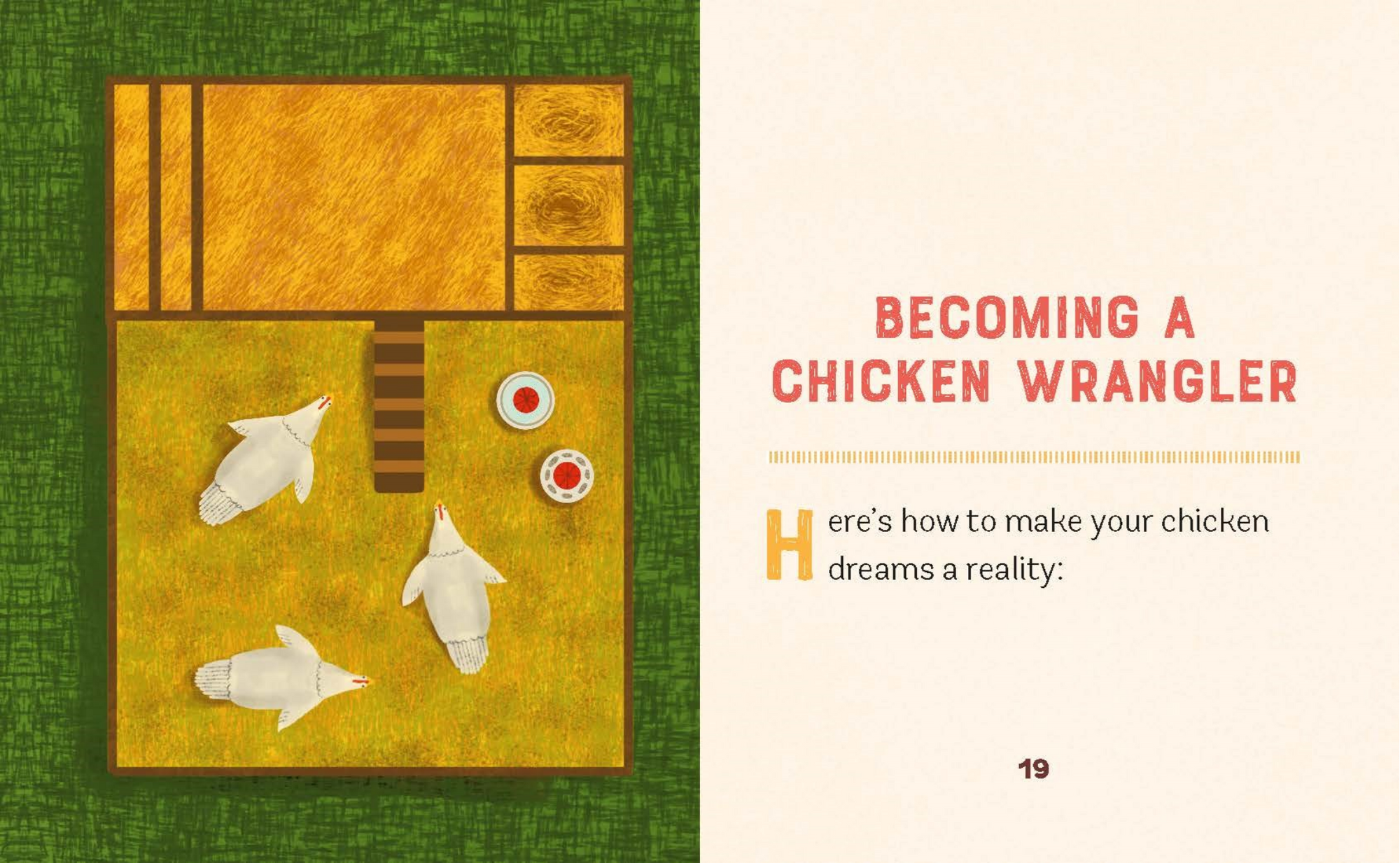 Page from a book titled 'Becoming a Chicken Wrangler' with illustrations of chickens and a fence.