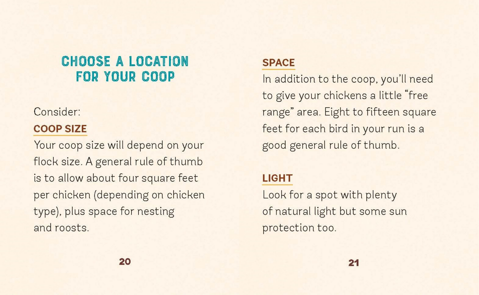 Page from a book or manual on choosing a location for a chicken coop with text on coop size, space, and light.