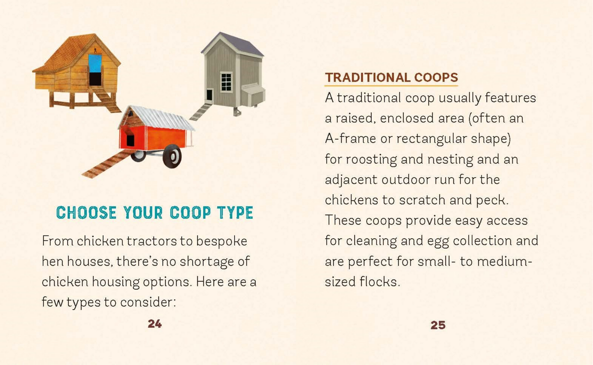 Illustration of different types of chicken coops with text explaining traditional coops.