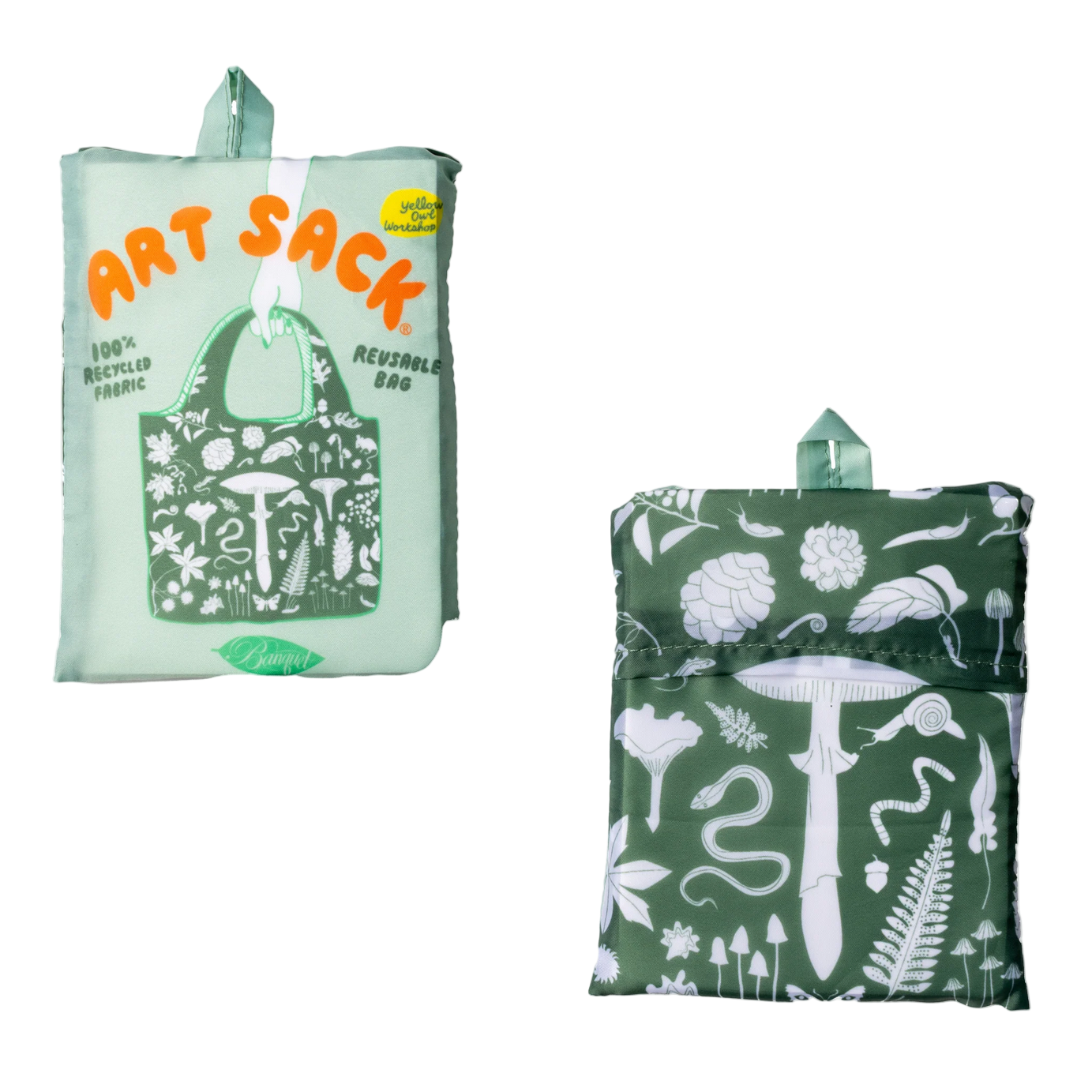 Two bags, one labeled 'Art Sack' and the other with nature-themed design, on a white background.