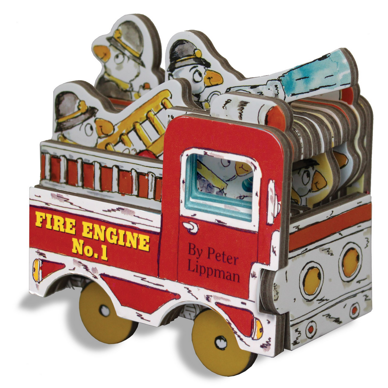 Wooden book with fire engine design and penguin characters on a white background
