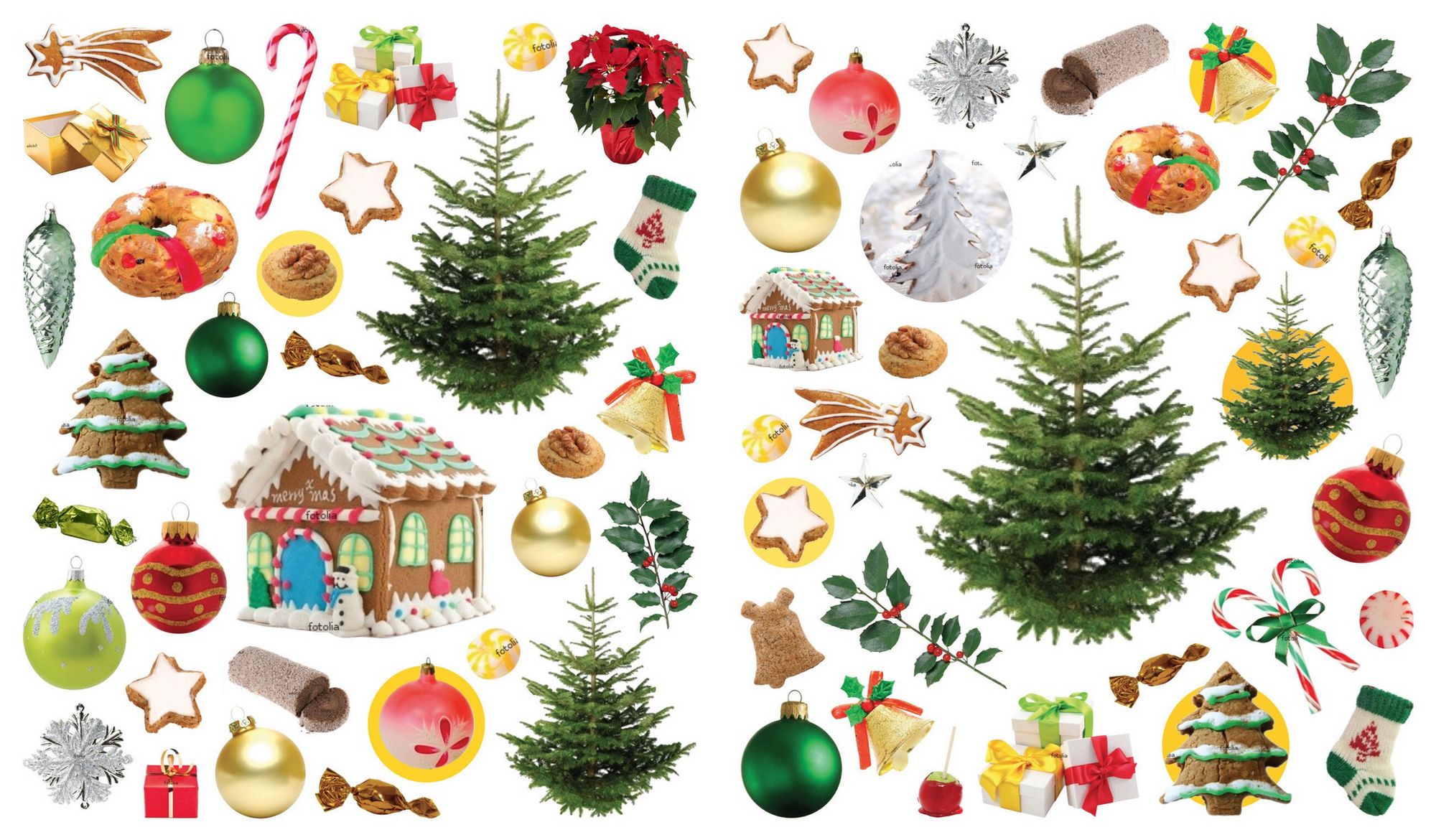 Collection of Christmas-themed decorations including trees, ornaments, and gingerbread houses on a white background.