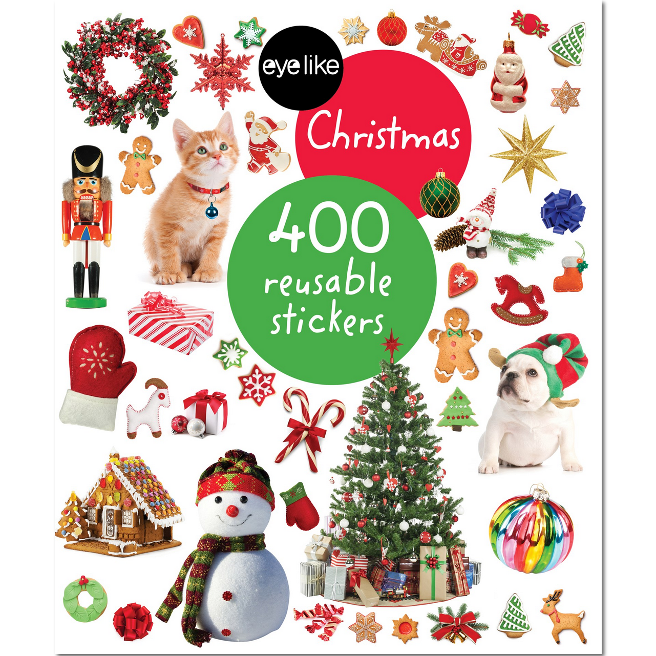 Eyelike Stickers Christmas book cover with various Christmas-themed illustrations on a white background