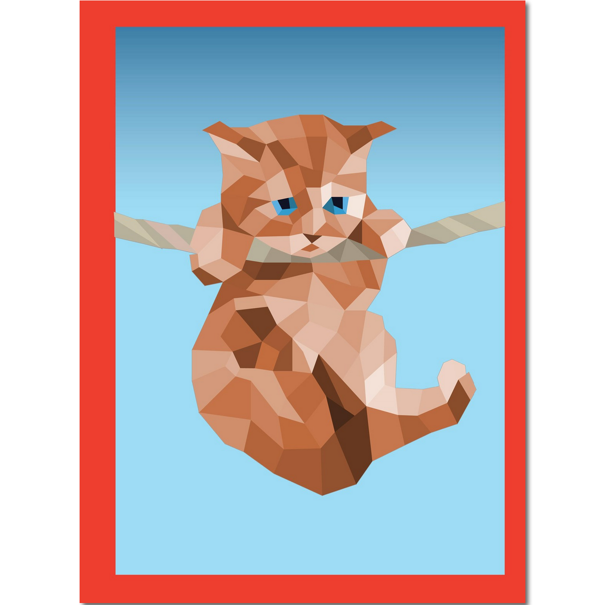 Geometric cat design on a blue background with a red border