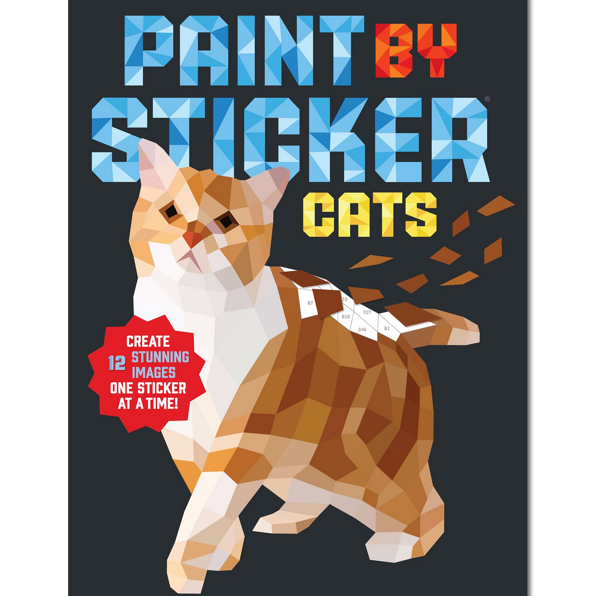 Book cover of 'Paint by Sticker Cats' with a cat illustration and colorful text.