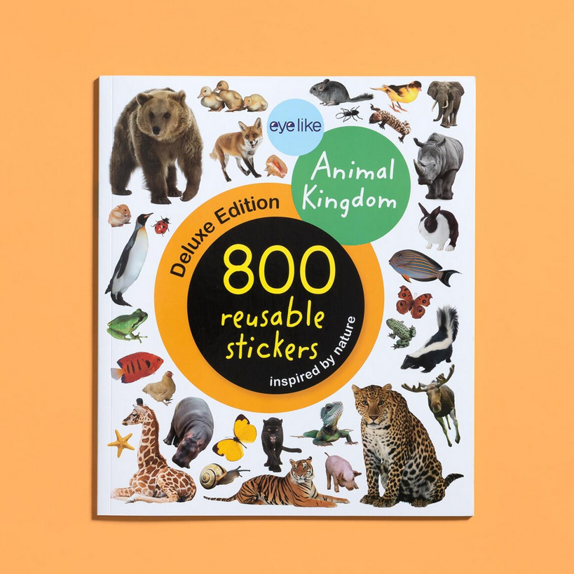 Book cover of 'Animal Kingdom' sticker book with 800 reusable stickers on an orange background