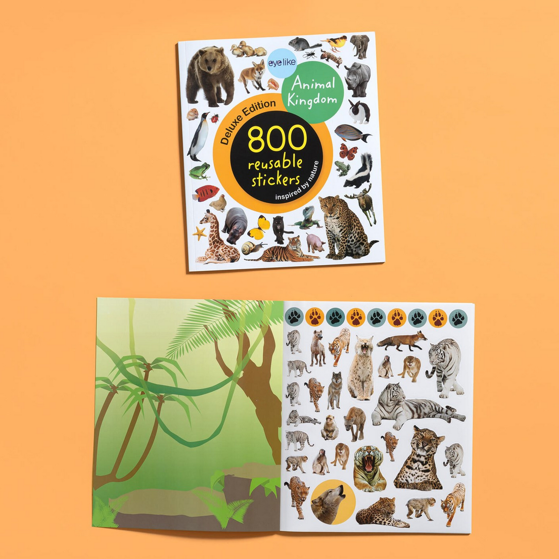 Children's book and sticker sheet with animal illustrations on an orange background