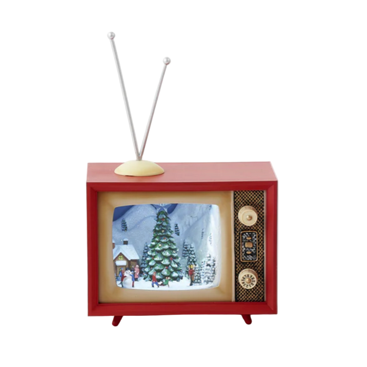 Vintage-style red television with a Christmas tree on the screen against a white background