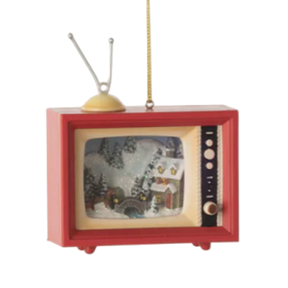 Vintage-style red television ornament on a white background