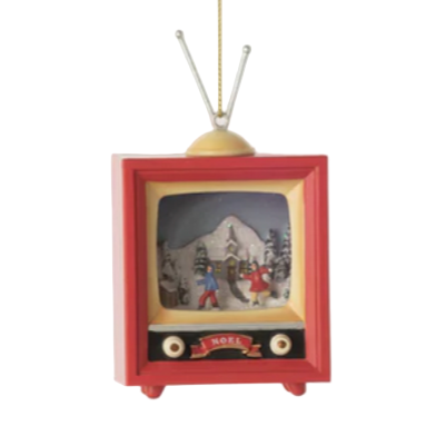 Vintage-style red television ornament on a white background