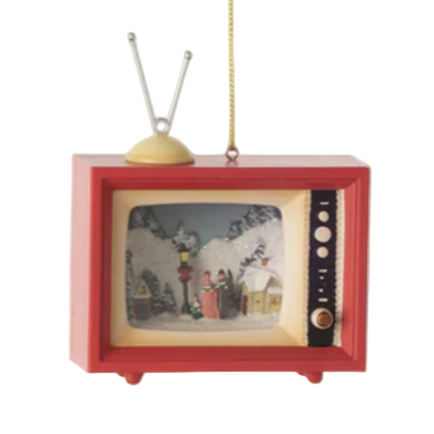 Small red vintage-style television set with characters on a white background