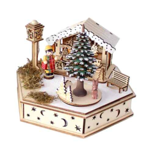 Wooden Christmas village scene with trees, houses, and figures on a white background