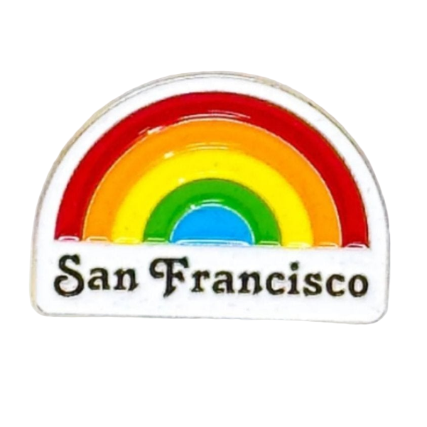 Enamel pin with rainbow design and 'San Francisco' text on a white background