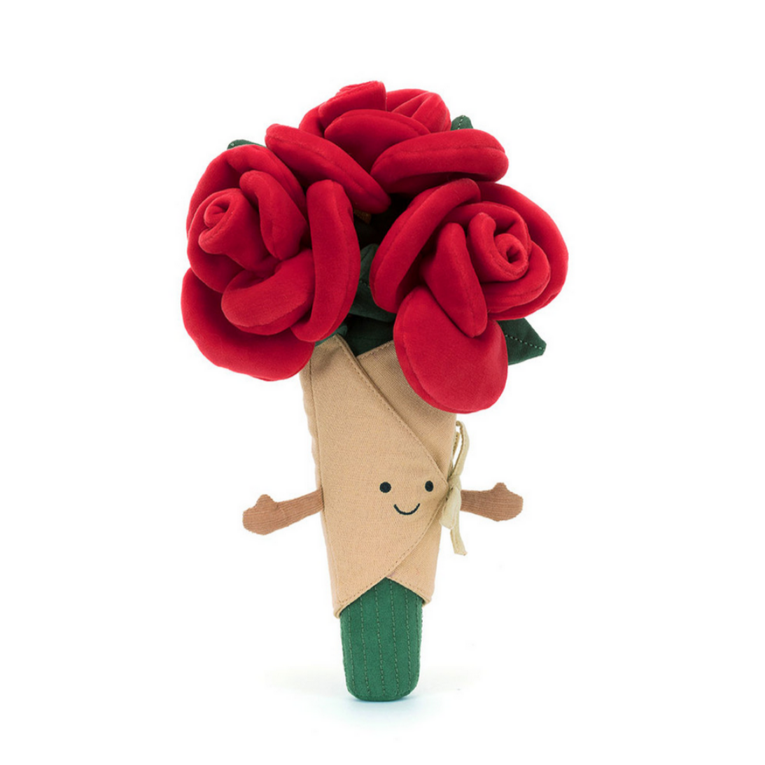 Plush toy resembling a bouquet of red roses in a cone with a face on a white background
