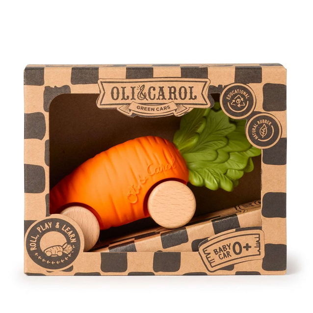 Carrot-shaped toy with wooden wheels in a branded box by Oli & Carol