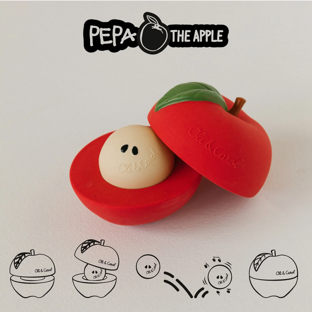 Red apple-shaped container with a beige object inside, branded 'Pepa The Apple' on a light background.