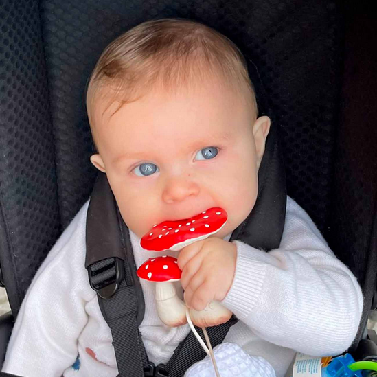 Baby in a stroller holding a red and white toy