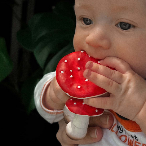 Baby holding a red and white mushroom-shaped toy