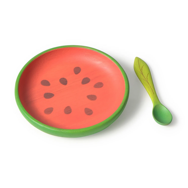 Children's bowl and spoon set with watermelon design on a white background