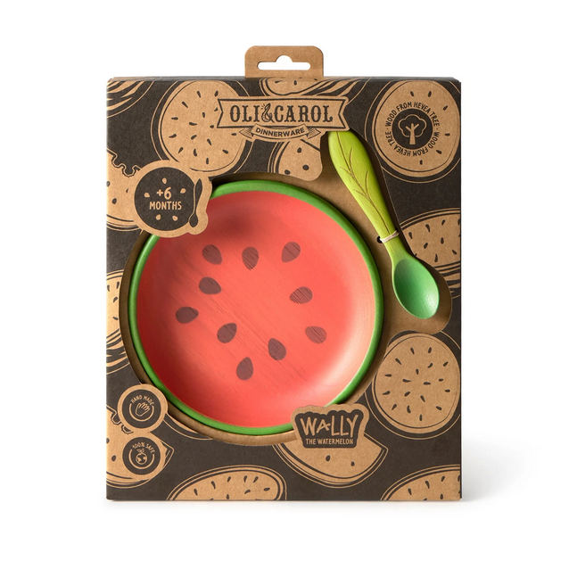 Oli & Carol children's dinnerware set with red plate and green spoon in packaging