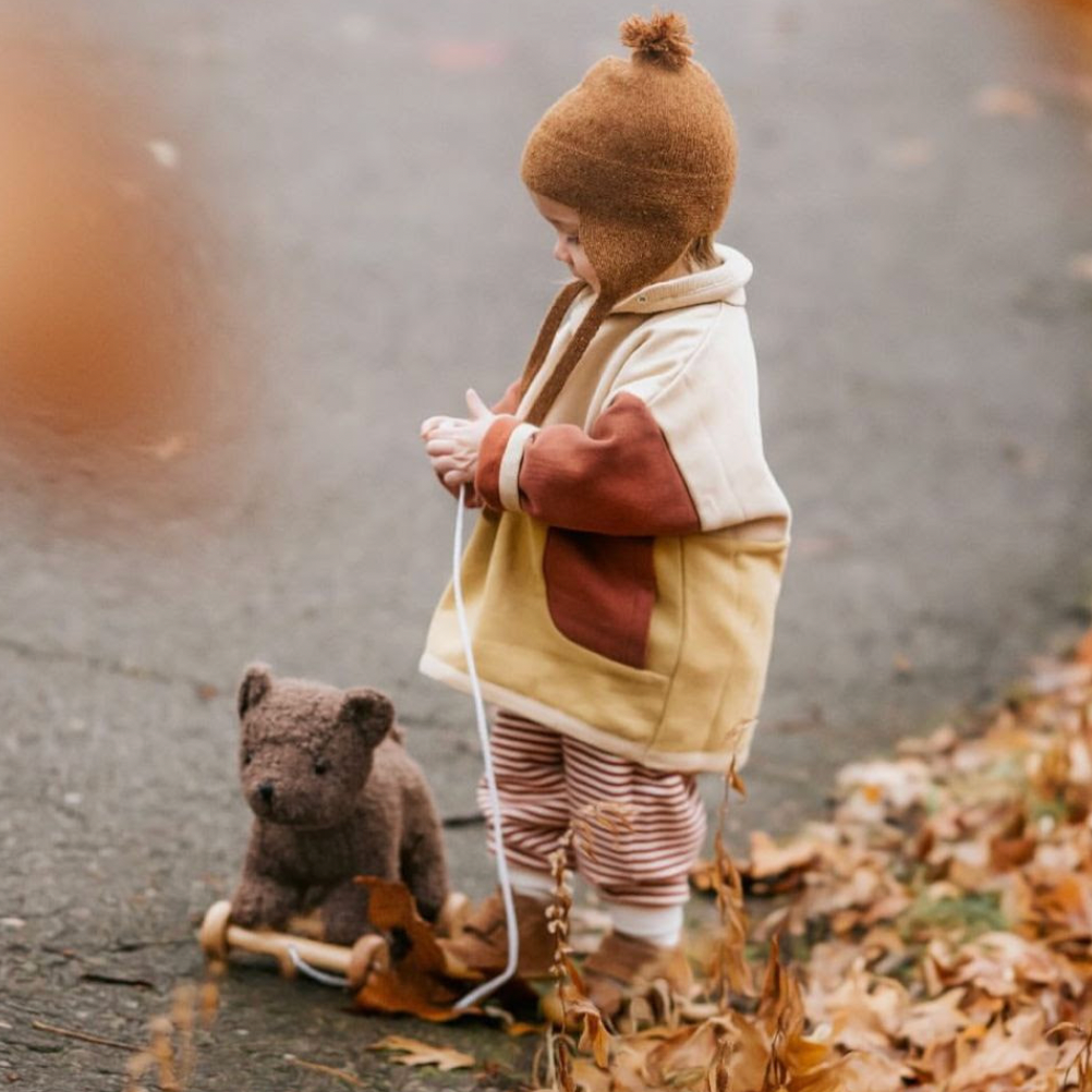 Child in a coat and hat standing next to a teddy bear on a path with leaves