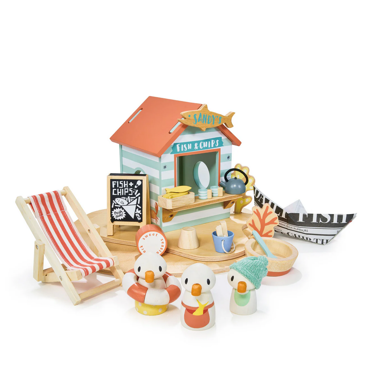 Toy set with a beach hut, deck chair, and toy figures on a white background