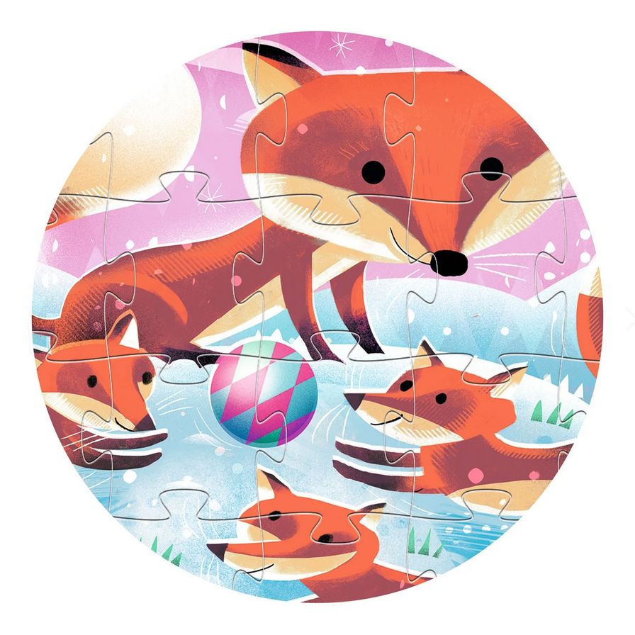 Round puzzle with foxes and a ball on a white background