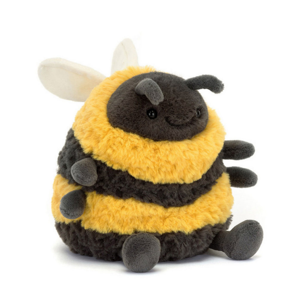 Plush bee toy with black and yellow stripes on a white background