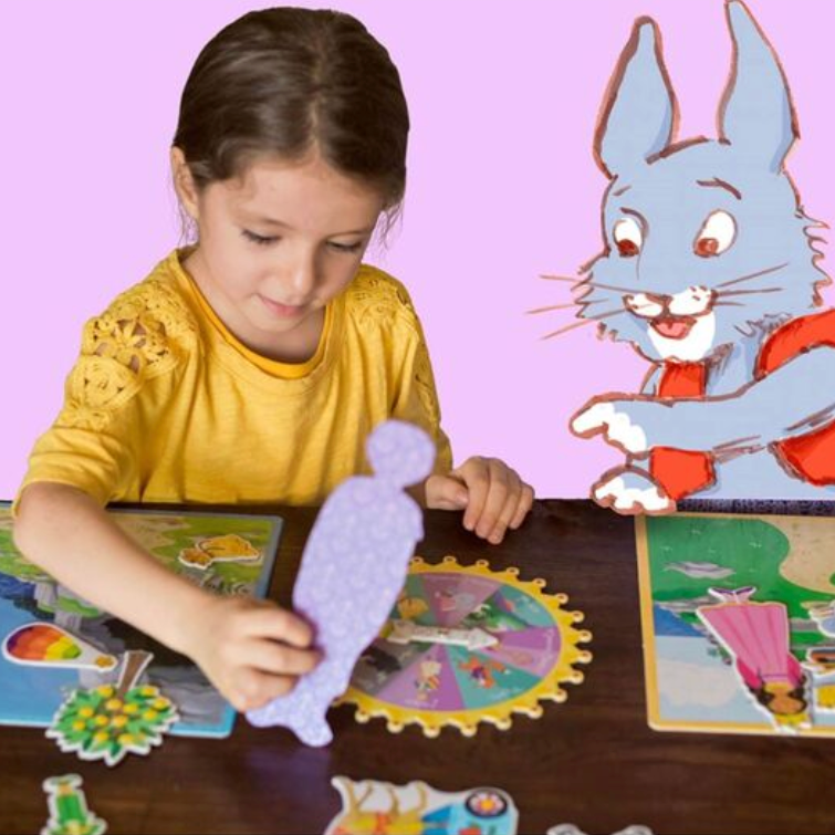 Child playing with a puzzle featuring a cartoon rabbit character.