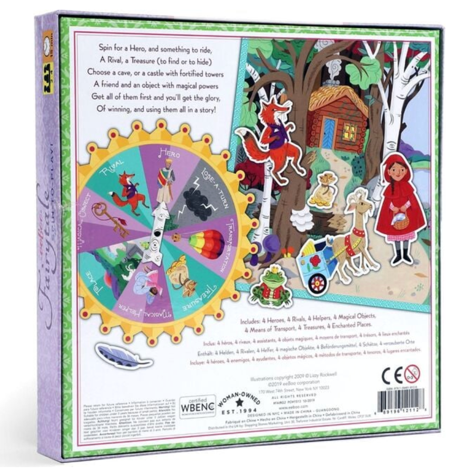 Children's board game box with colorful illustrations and text on a white background