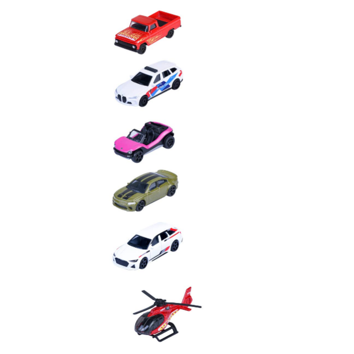 Collection of colorful toy cars and Majorette packaging on a white background