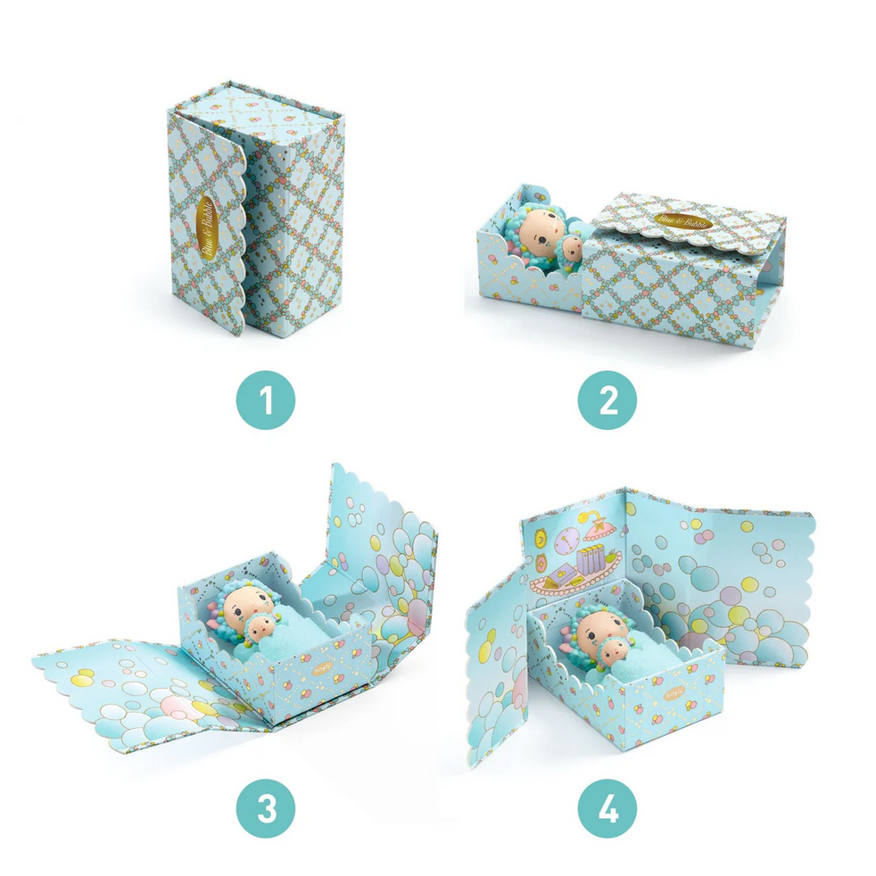 Baby-themed product packaging with a sequence of stages displayed.