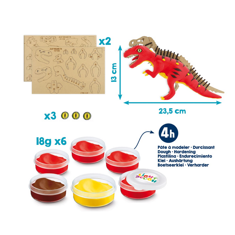 Dinosaur playset with molding materials and tools on a white background