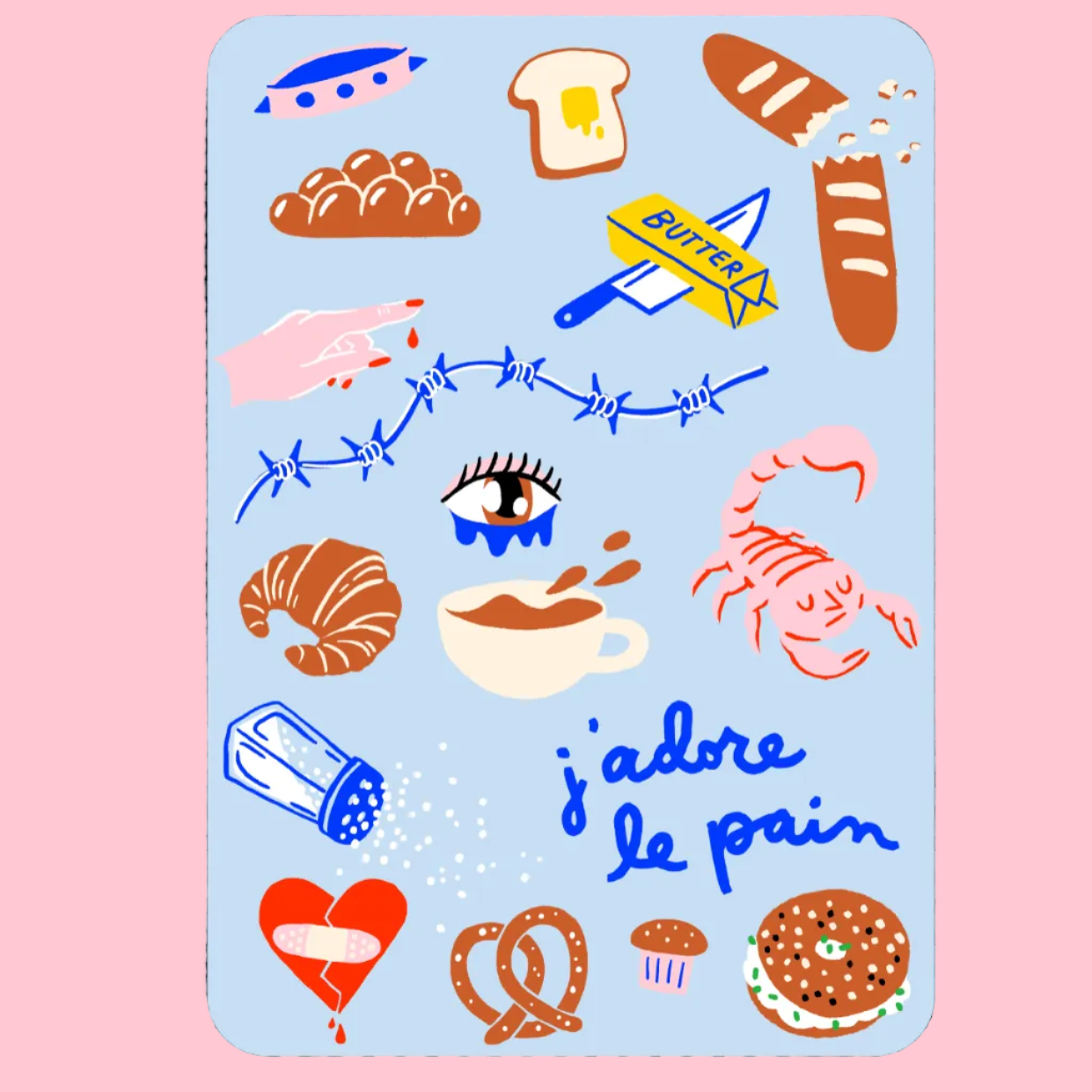 Illustrated food items and objects on a blue background with 'j'adore le pain' text.