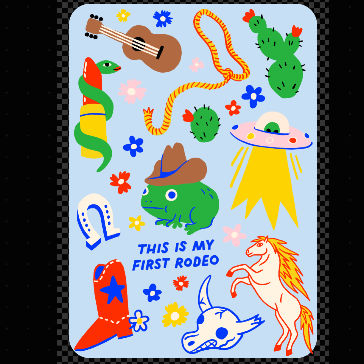 Colorful phone case sheet with rodeo-themed illustrations on a light blue background.