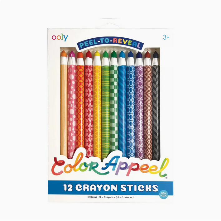 Packaging of Ooly Color Appeel crayon sticks with colorful designs on a white background